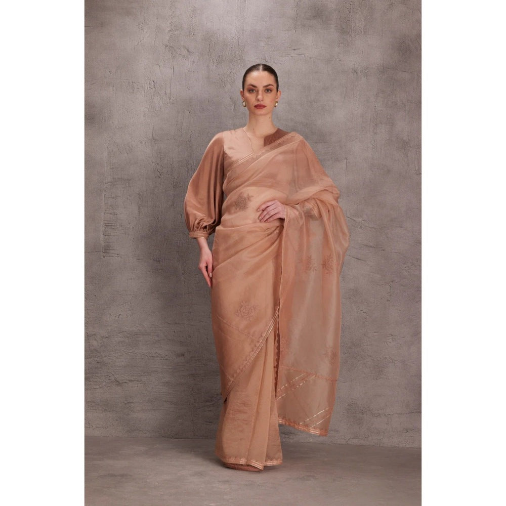 Janki India Rose Gold Organza Saree with Stitched Blouse and Petticoat