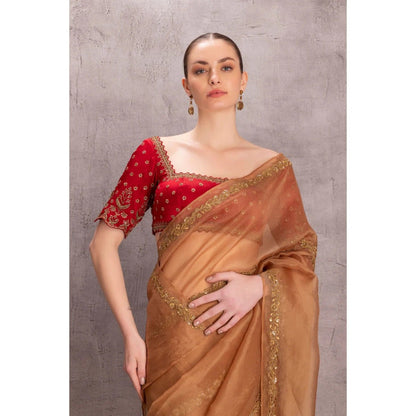 Janki India Golden Organza Saree with Stitched Blouse and Petticoat
