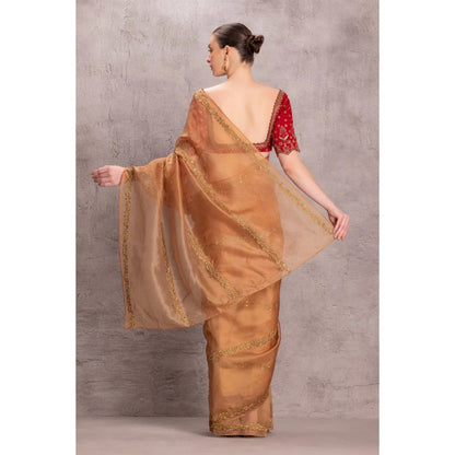 Janki India Golden Organza Saree with Stitched Blouse and Petticoat