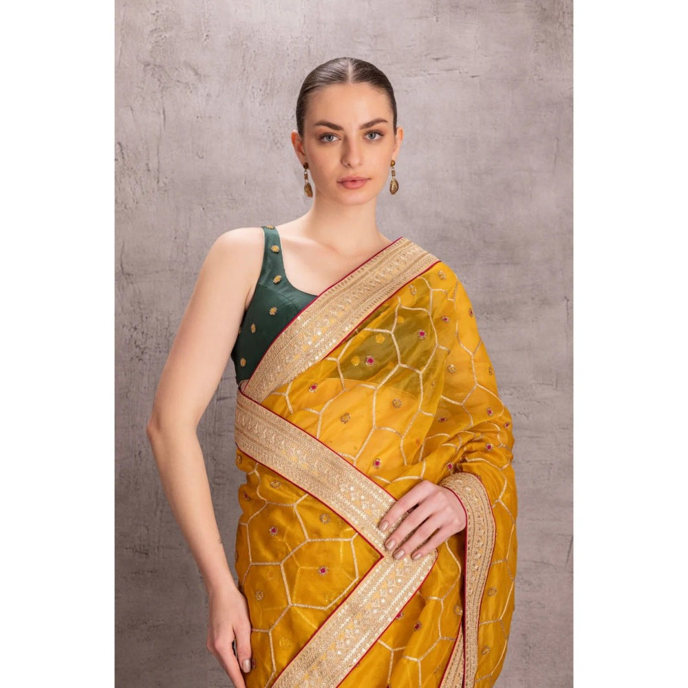 Janki India Yellow Organza Silk Saree with Stitched Blouse Comes and Petticoat