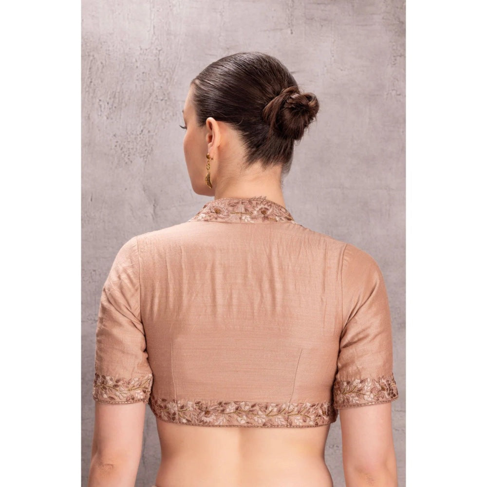 Janki India Rose Gold Muga Silk Saree with Stitched Blouse and Petticoat