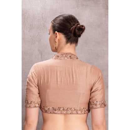 Janki India Rose Gold Muga Silk Saree with Stitched Blouse and Petticoat