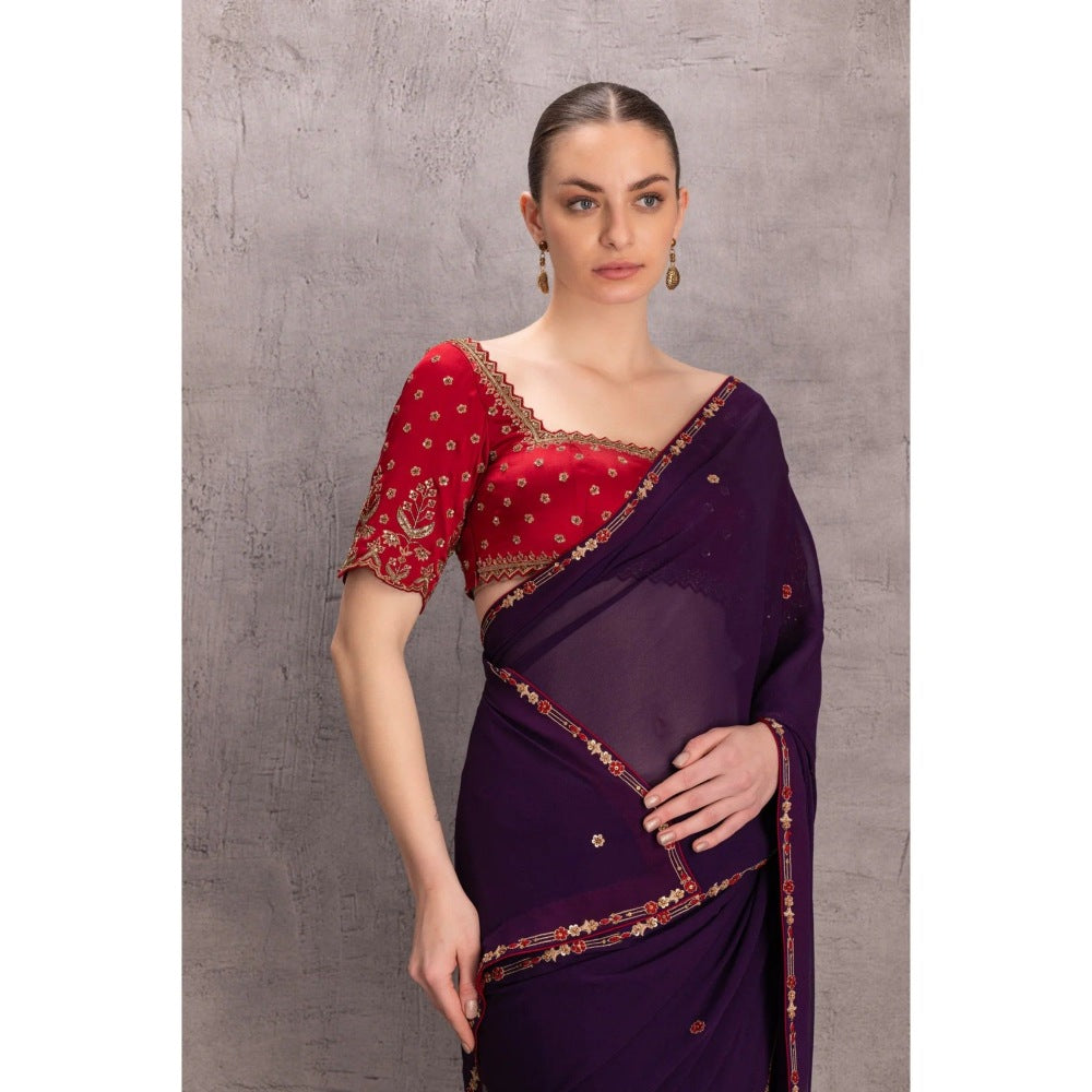 Janki India Purple Georgette Saree with Stitched Blouse and Petticoat