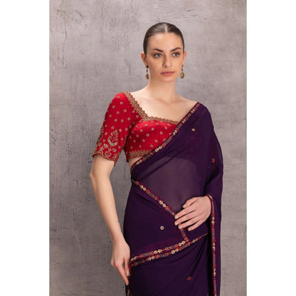 Janki India Purple Georgette Saree with Stitched Blouse and Petticoat