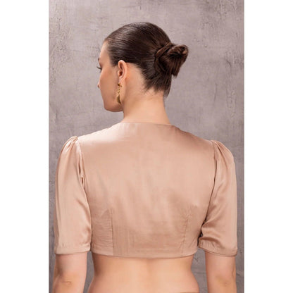 Janki India Beige Organza Saree with Stitched Blouse and Petticoat