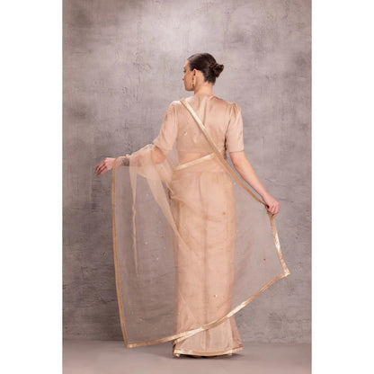 Janki India Beige Organza Saree with Stitched Blouse and Petticoat