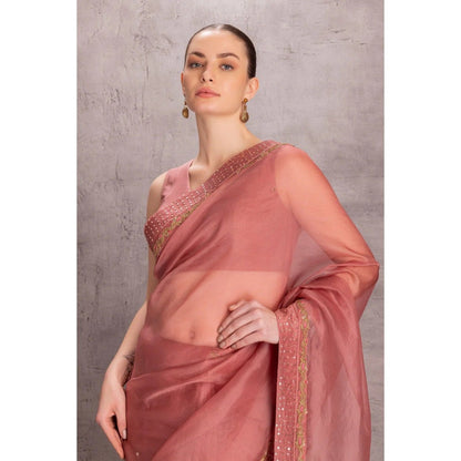 Janki India Dusty Pink Organza Saree with Stitched Blouse and Petticoat