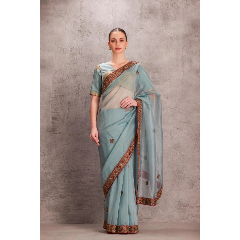 Janki India Sky Blue Saree with Stitched Blouse and Petticoat