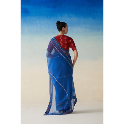 Janki India Midnight Blue Organza Embroidered Saree and Petticoat Without Blouse