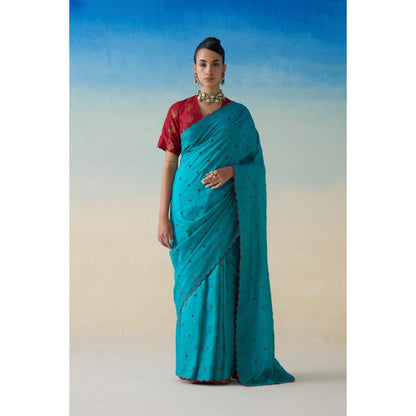 Janki India Turquoise Silk Embroidered Saree and Petticoat Without Blouse