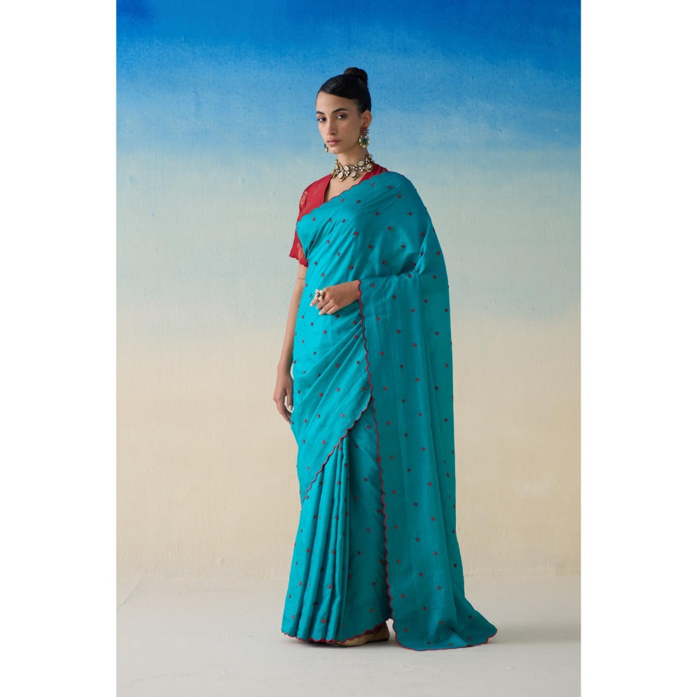 Janki India Turquoise Silk Embroidered Saree and Petticoat Without Blouse
