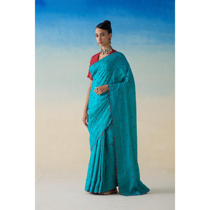 Janki India Turquoise Silk Embroidered Saree and Petticoat Without Blouse