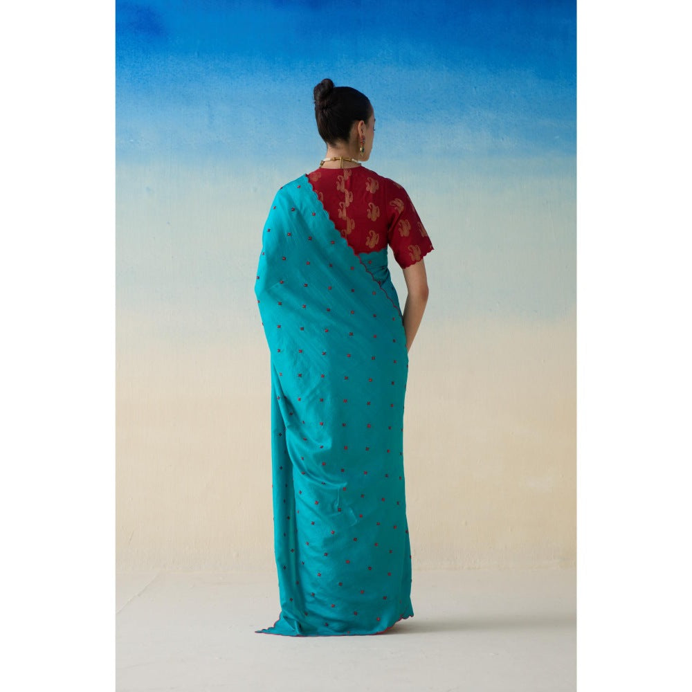 Janki India Turquoise Silk Embroidered Saree and Petticoat Without Blouse