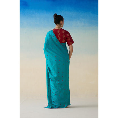 Janki India Turquoise Silk Embroidered Saree and Petticoat Without Blouse