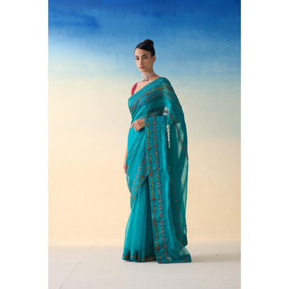 Janki India Turquoise Silk Embroidered Saree and Petticoat Without Blouse