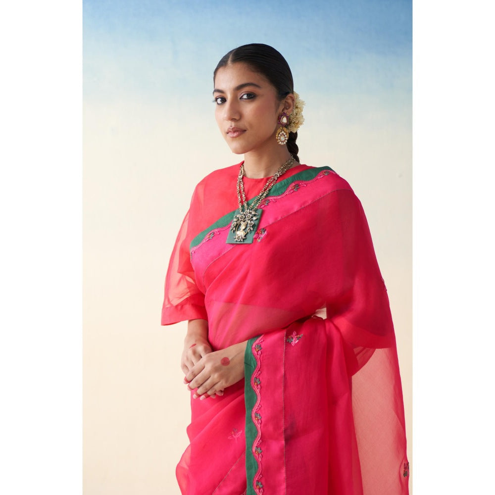 Janki India Pink Embroidered Organza Saree and Petticoat Without Blouse