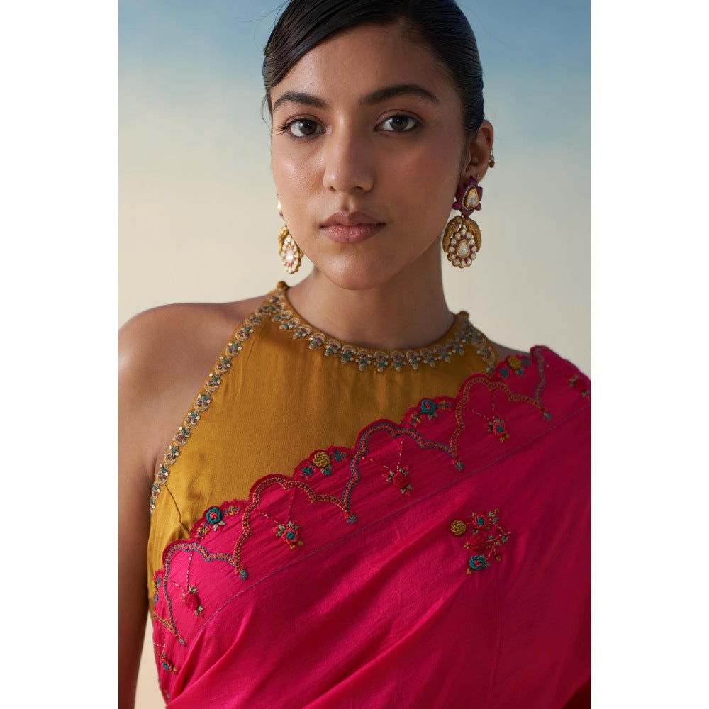 Janki India Pink Silk Embroidered Saree and Petticoat Without Blouse