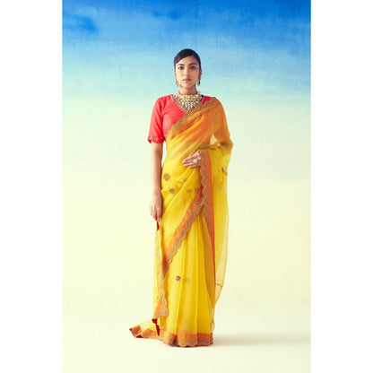 Janki India Yellow Organza Floral Embroidered Saree and Petticoat Without Blouse