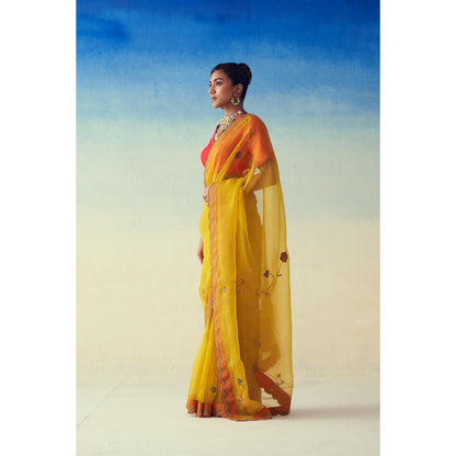 Janki India Yellow Organza Floral Embroidered Saree and Petticoat Without Blouse