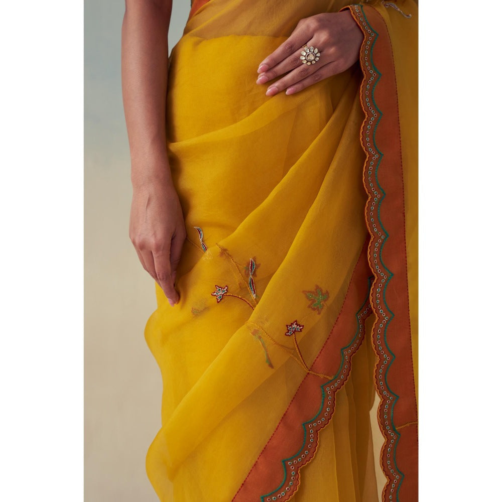 Janki India Yellow Organza Floral Embroidered Saree and Petticoat Without Blouse