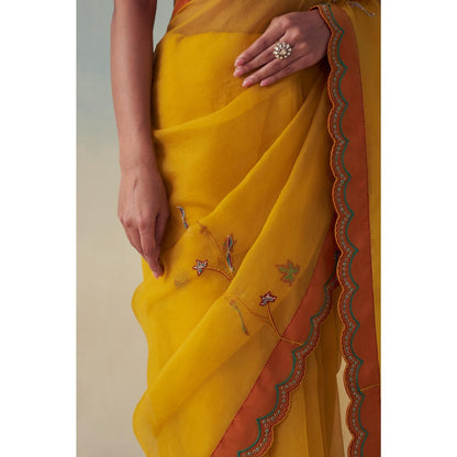 Janki India Yellow Organza Floral Embroidered Saree and Petticoat Without Blouse