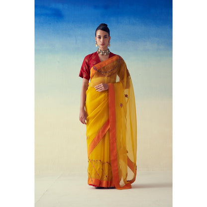 Janki India Yellow Organza Embroidered Saree and Petticoat Without Blouse