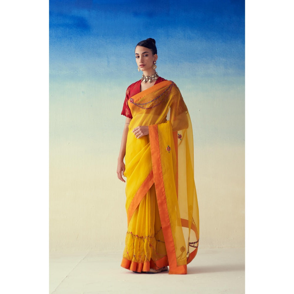 Janki India Yellow Organza Embroidered Saree and Petticoat Without Blouse