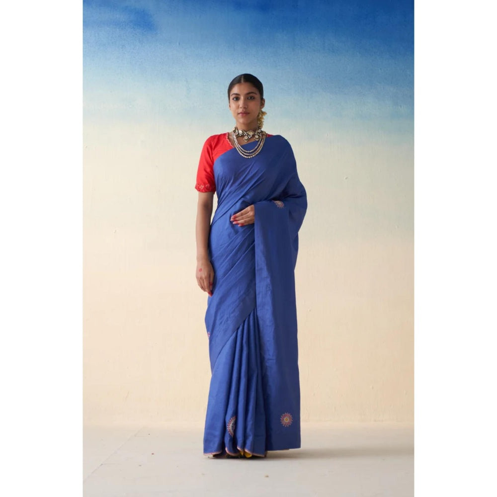 Janki India Blue Thread Embroidered Silk Saree and Petticoat Without Blouse