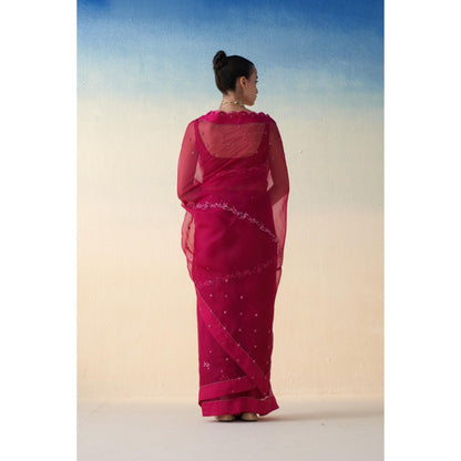 Janki India Pink Organza Embroidered Saree and Petticoat Without Blouse