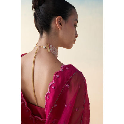 Janki India Pink Organza Embroidered Saree and Petticoat Without Blouse