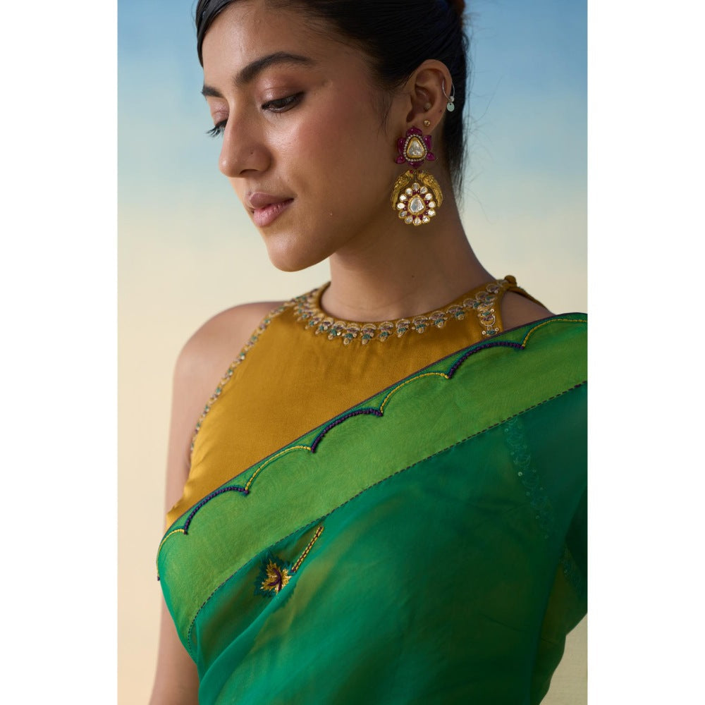Janki India Lemon Green Organza Embroidered Saree and Petticoat Without Blouse