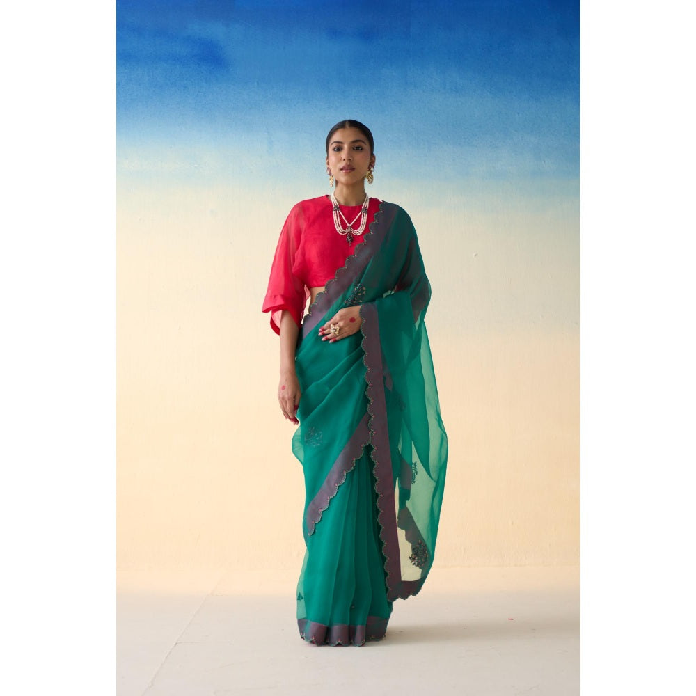 Janki India Green Organza Motifs Embroidered Saree and Petticoat Without Blouse