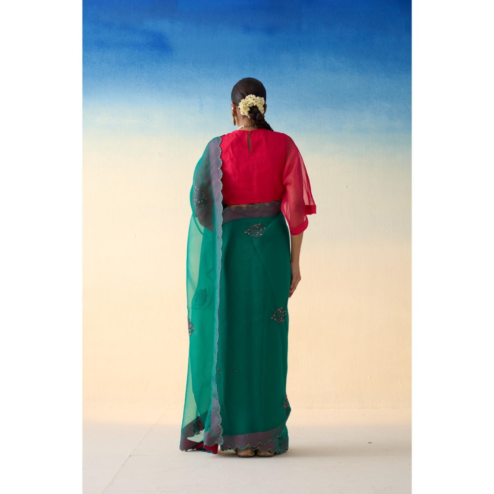 Janki India Green Organza Motifs Embroidered Saree and Petticoat Without Blouse