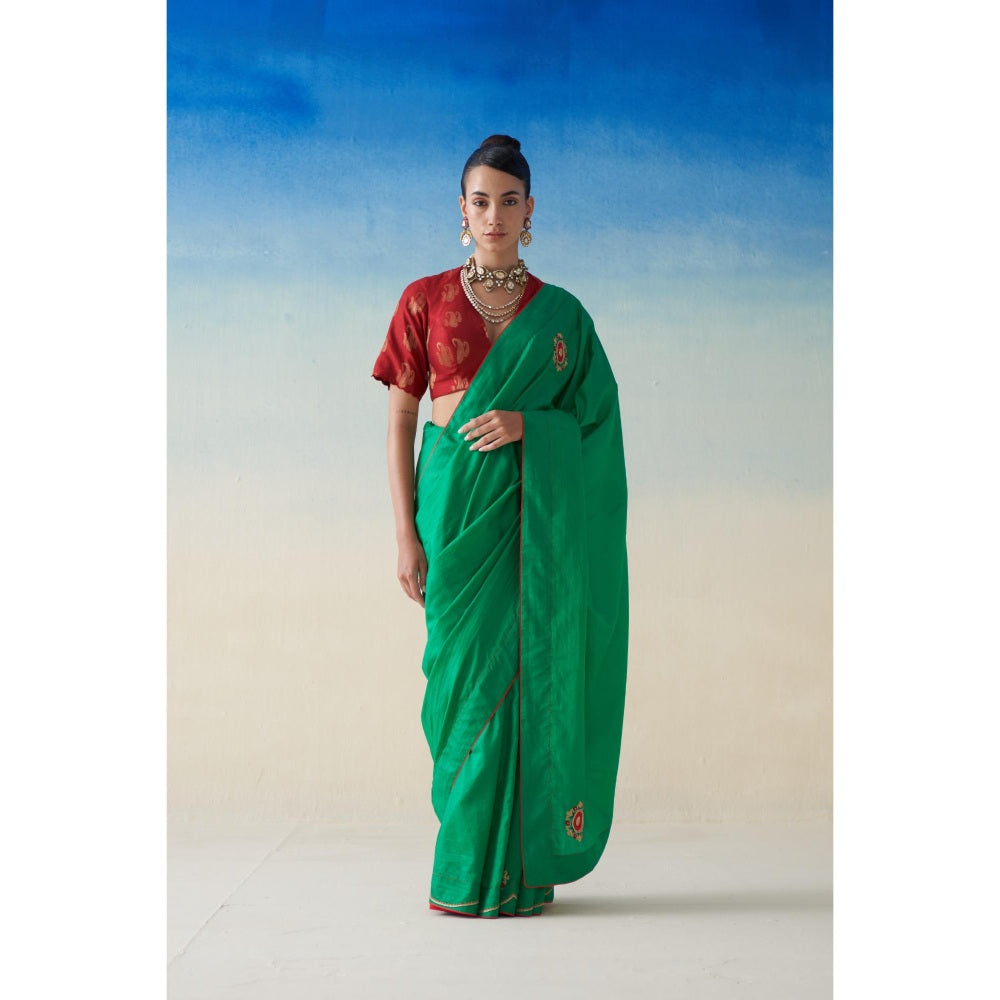 Janki India Green Silk Motifs Embroidered Saree and Petticoat Without Blouse