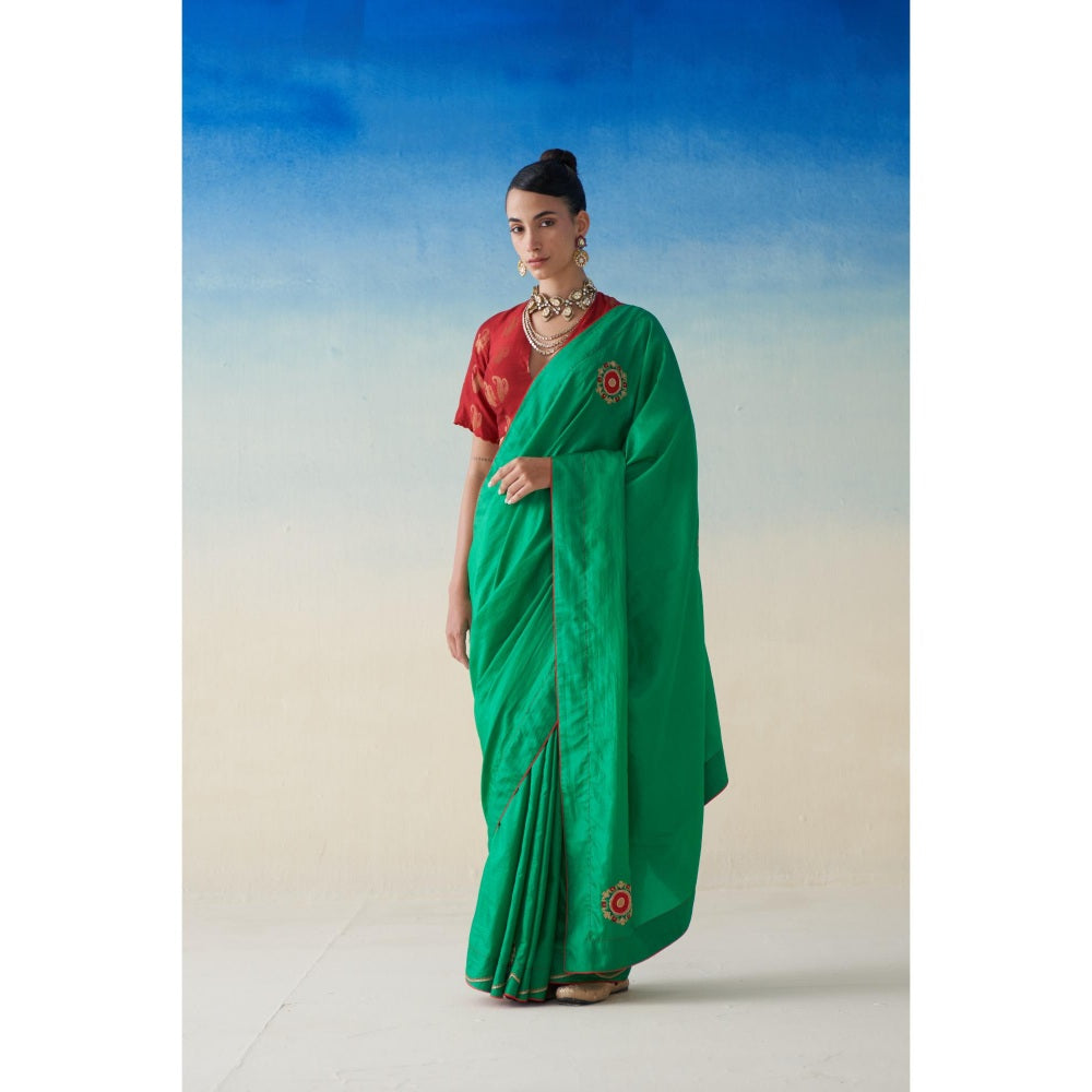 Janki India Green Silk Motifs Embroidered Saree and Petticoat Without Blouse