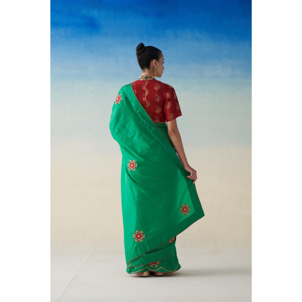 Janki India Green Silk Motifs Embroidered Saree and Petticoat Without Blouse