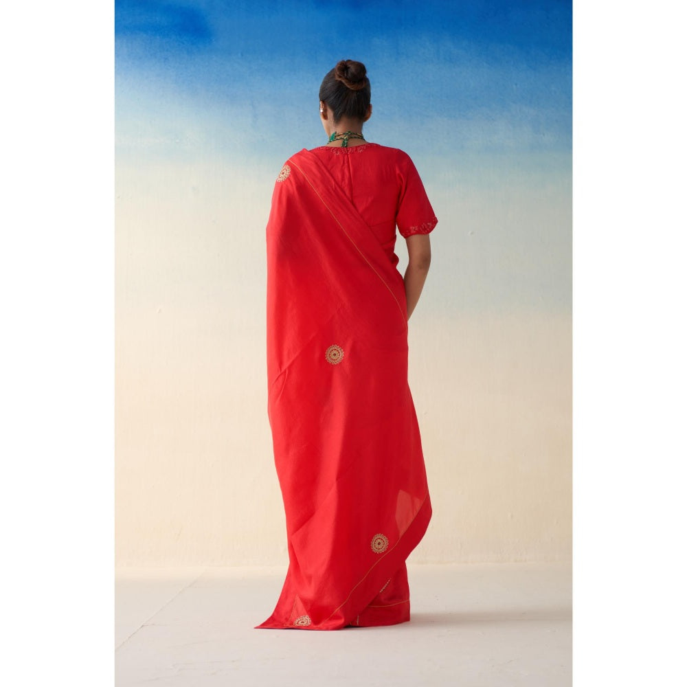Janki India Red Silk Embroidered Motifs Saree and Petticoat Without Blouse