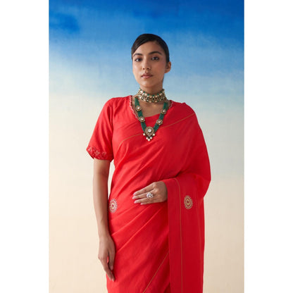 Janki India Red Silk Embroidered Motifs Saree and Petticoat Without Blouse