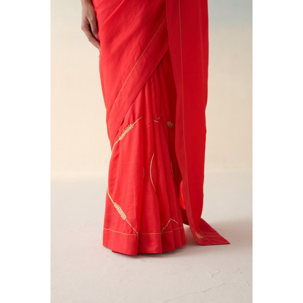 Janki India Red Silk Embroidered Motifs Saree and Petticoat Without Blouse