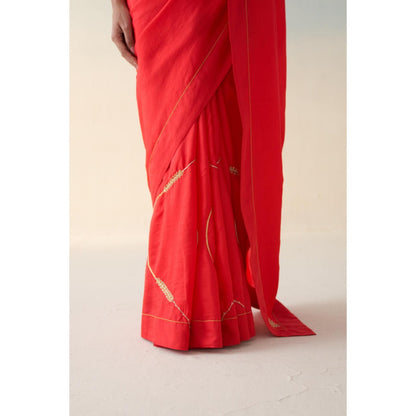 Janki India Red Silk Embroidered Motifs Saree and Petticoat Without Blouse