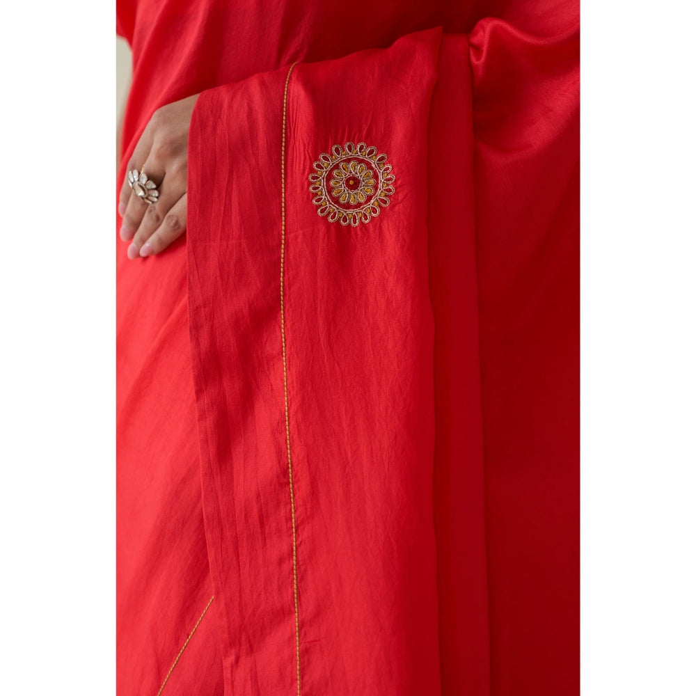 Janki India Red Silk Embroidered Motifs Saree and Petticoat Without Blouse