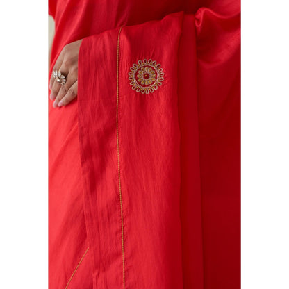 Janki India Red Silk Embroidered Motifs Saree and Petticoat Without Blouse