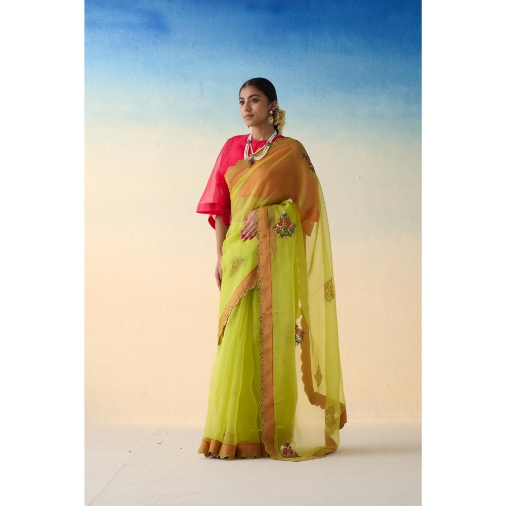 Janki India Lime Green Organza Floral Motifs Saree and Petticoat Without Blouse