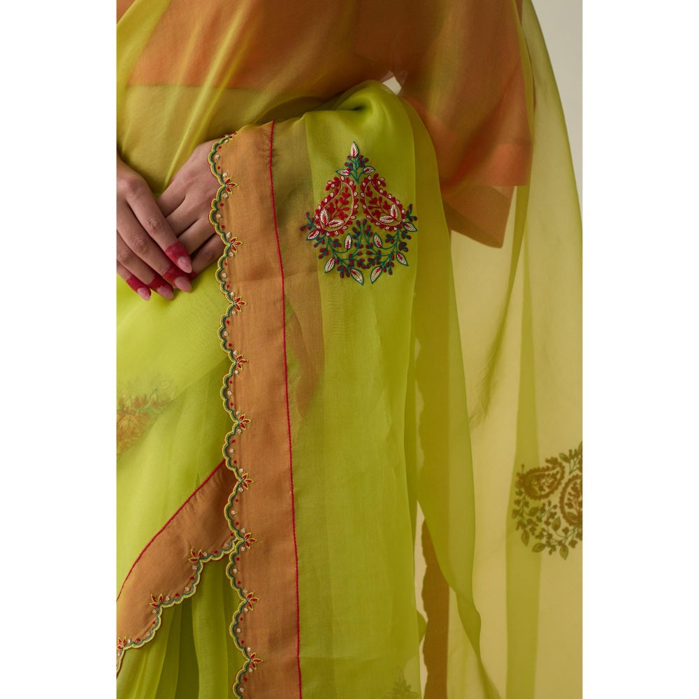 Janki India Lime Green Organza Floral Motifs Saree and Petticoat Without Blouse