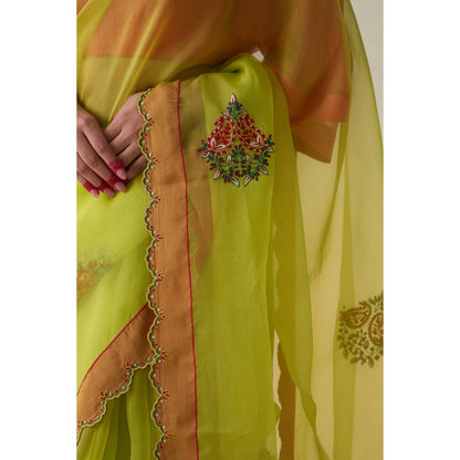 Janki India Lime Green Organza Floral Motifs Saree and Petticoat Without Blouse