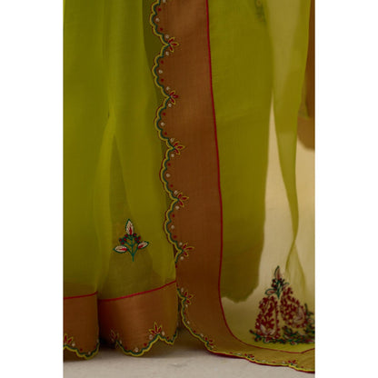 Janki India Lime Green Organza Floral Motifs Saree and Petticoat Without Blouse