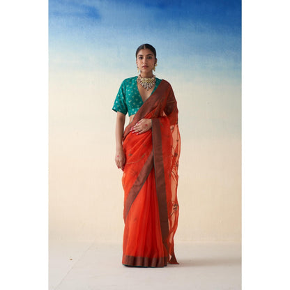 Janki India Rust Jaal Organza Embroidered Saree and Petticoat Without Blouse