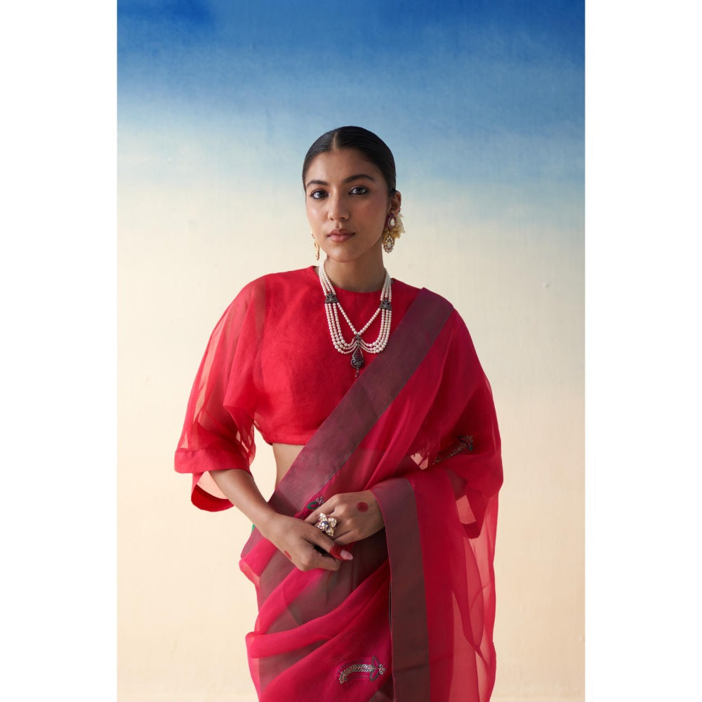 Janki India Jaal Organza Embroidered Saree and Petticoat Without Blouse