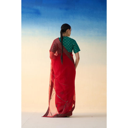 Janki India Red Jaal Embroidered Organza Saree and Petticoat Without Blouse