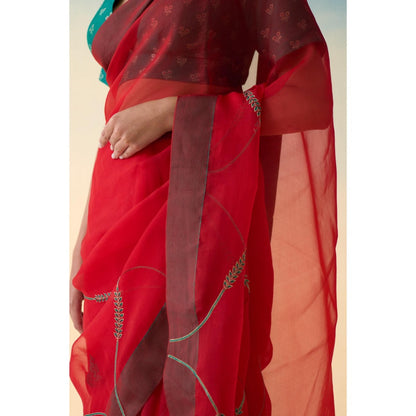 Janki India Red Jaal Embroidered Organza Saree and Petticoat Without Blouse